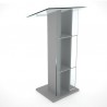 Pupitre plexiglas transparent et bois pour conférence gris disposant d'une tablette inclinée et de rangements pour chr