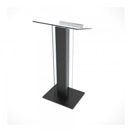 Lutrin en plexiglas en noir qui comporte une tablette inclinée pour accessoires conférence liseuse led et micro col de cygne