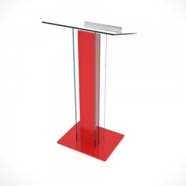 Pupitre transparent rouge doté d'une tablette inclinée en plexiglass transparent et alu pour documents de conférencier