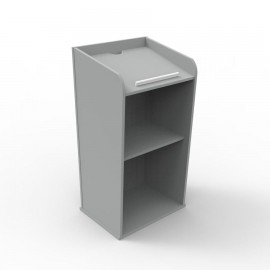 Pupitre conférence coloris gris livré monté et qui possède des rangements en accès libre et tablette écritoire inclinée en bois