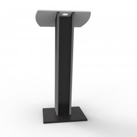 Pupitre conférence noir en bois léger et résistant doté d'une tablette inclinée avec usinage pour câbles d'accessoires