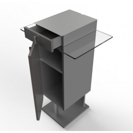 Meuble machine à café CHR en coloris wengé doté de rangements et d'une tablette en verre et bois pour machine à café