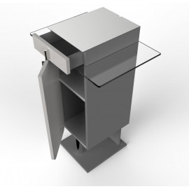 Meuble pour cafetière gris qui possède un plateau mélangeant le verre et bois pour poser votre machine à café ou cafetière