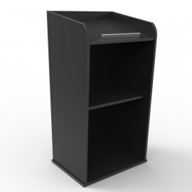Pupitre de conférence bois en noir qui possède des rangements étagères fixes qui sont en accès libre avec tablette inclinée