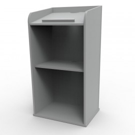 Pupitre de conférence bois couleur gris comporte des étagères fixes avec usinage et une tablette inclinée pour liseuse led