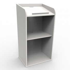 Pupitre de conférence en blanc idéal avec ses rangements en accès libre pour poser vos documents ou micros sans fil
