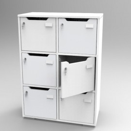 Casier à clé avec 6 cases blanc qui dispose de rangements pour les objets et effets personnels de vos salariés