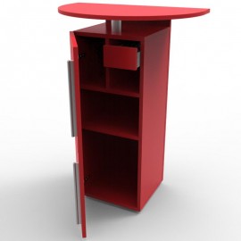 Meuble pour machines à café de coloris rouge avec la porte ouverte avec rangements fermés sans serrure
