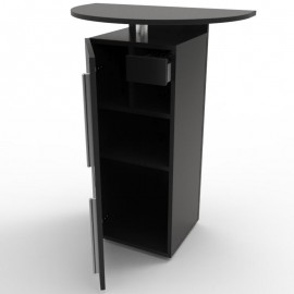 Meuble ouvert pour machines à café de coloris noir qui possède des rangements fermés par une porte et un tiroir en bois