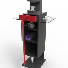 Meuble machine à café rouge bois avec façade avant ouverte pour rangement d'objets, meuble desserte de cuisine livré monté
