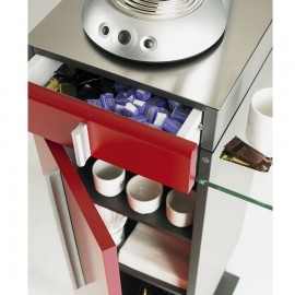 Petit meuble pour machine à café couleur rouge qui possède des rangements idéals pour des accessoires de machines à café