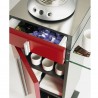 Petit meuble pour machine à café couleur rouge qui possède des rangements idéals pour des accessoires de machines à café