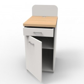 Meuble pour machine à café pour professionnels qui est blanc et chêne clair doté de rangements avec ou sans serrure