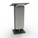  	Pupitre de conférence gris au design léger avec tablette inclinée idéal pour un orateur et conférencier