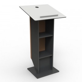 Pupitre de conference de hêtre et métal qui est pourvu d'étagères fixes idéales pour ranger un pc portable et objets perso