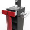 Meuble pour machine à café design rouge doté de rangements fermés ainsi que d'une tablette en verre pour poser une tasse