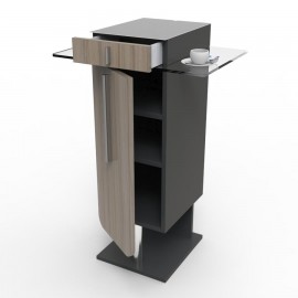 Meuble pour machine à café design en driftwood doté de rangement et une tablette en verre pour poser objets et accessoires