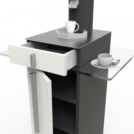 Meuble blanc pour machine à café design doté de rangement en accès libre et fermés pour des machines à café à dosettes