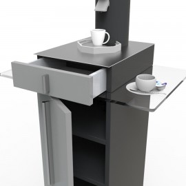 Meuble pour machine à café design coloris de gris est doté d'un tiroir avec rangements en accès libre et un plateau en verre
