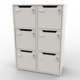 Casier à clé en bois avec 6 cases tout en blanc qui sont fermées par une serrure à clé pour la sécurité des effets personnels