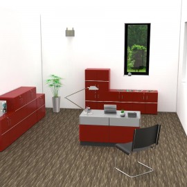 Armoire rangement rouge mis en situation dans un bureau d'entreprise, meuble rangement qui est livré monté en entreprise