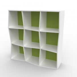 Etagere murale bois blanc et vert possédant de nombreux rangements pour du classement et de l'archivage dans des bureaux