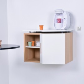 Meuble suspendu pour machine à café possédant des rangements en accès libres et fermés pour des entreprises