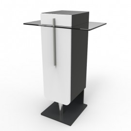 Meuble machine à café bois en blanc qui dispose de rangements en accès libre et fermés ainsi que d'une tablette en verre