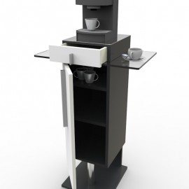 Meuble machine à café bois en coloris blanc avec rangements en étagères fixes pour disposer des accessoires espace café