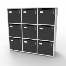 Meuble casier en bois CASEO à 9 cases blanc-graphite doté de rangements fermés par des serrures à clé pour du rangement