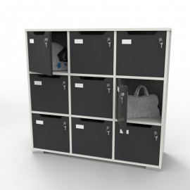 Meuble casier en bois CASEO à 9 cases de bois blanc-graphite avec des rangements en accès fermés par une serrure à clé