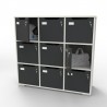 Meuble casier en bois CASEO à 9 cases de bois blanc-graphite avec des rangements en accès fermés par une serrure à clé