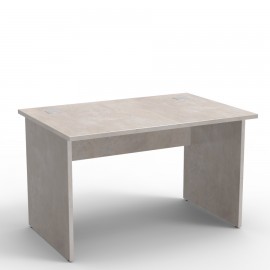 Bureau moderne en coloris béton clair avec deux passes-câbles pour laisser passer les câbles d'ordinateur ou de téléphone