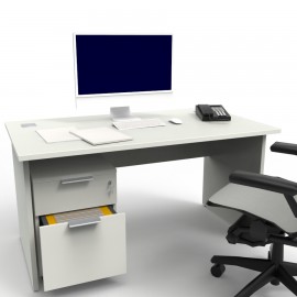 Bureau longueur 140 cm bois couleur blanc composé de passes-cables et d'un voile de fond, bureau en bois fait en France avec div