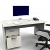 Bureau longueur 140 cm bois couleur blanc composé de passes-cables et d'un voile de fond, bureau en bois fait en France avec div