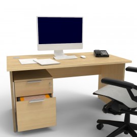 Bureau longueur 140 cm bois en chene clair avec des passes cables pour les fils du téléphone et de l'ordinateur, bureau en bois 