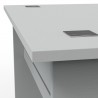 Bureau en bois gris doté de deux passes-câbles destinés à faire circuler les câbles d'un téléphone ou d'un ordinateur fixe