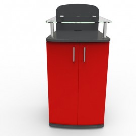 Meuble pour machine à café professionnel en bois rouge avec des rangements fermés et en accès libre pour stocker vos tasses