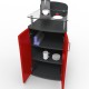 Meuble pour machine à café professionnel en bois couleur rouge doté de rangements en accès libres et fermés par deux portes