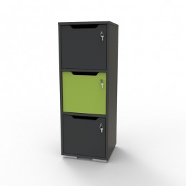 Casier vestiaire bois graphite et vert doté de rangements avec différents casiers en bois pour du rangement d'objets