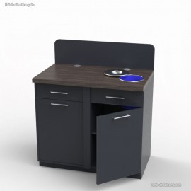  	Meuble poubelle inclinable en bois graphite et wengé pourvu d'une poubelle intégrée au plan de travail