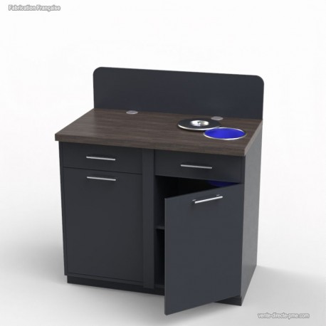 Meuble poubelle inclinable en bois graphite et wengé pourvu d'une poubelle intégrée au plan de travail  	Meuble poubelle inclinable en bois graphite et wengé pourvu d'une poubelle intégrée au plan de travail