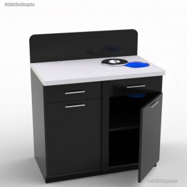 Meuble poubelle inclinable en bois graphite et blanc pourvu d'une poubelle intégrée au plan de travail