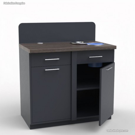 Meuble poubelle inclinable en bois graphite et wengé pourvu d'une poubelle intégrée au plan de travail  	Meuble poubelle inclinable en bois graphite et wengé pourvu d'une poubelle intégrée au plan de travail