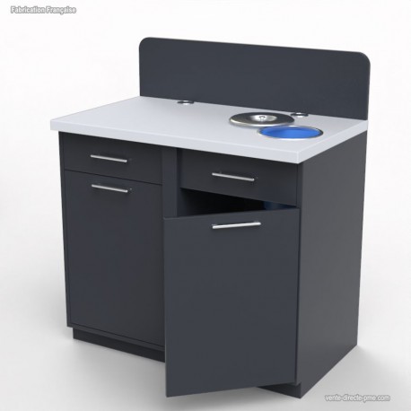 Meuble poubelle inclinable en bois graphite et blanc pourvu d'une poubelle intégrée au plan de travail  	Meuble poubelle inclinable en bois graphite et blanc pourvu d'une poubelle intégrée au plan de travail