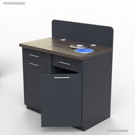 Meuble poubelle inclinable en bois graphite et wengé pourvu d'une poubelle intégrée au plan de travail  	Meuble poubelle inclinable en bois graphite et wengé pourvu d'une poubelle intégrée au plan de travail