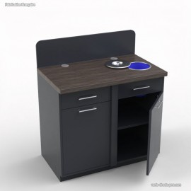  	Meuble poubelle inclinable en bois graphite et wengé pourvu d'une poubelle intégrée au plan de travail