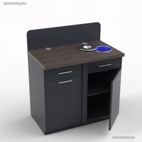 Meuble poubelle inclinable en bois graphite et wengé pourvu d'une poubelle intégrée au plan de travail  	Meuble poubelle inclinable en bois graphite et wengé pourvu d'une poubelle intégrée au plan de travail