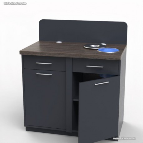 Meuble poubelle inclinable en bois graphite et wengé pourvu d'une poubelle intégrée au plan de travail  	Meuble poubelle inclinable en bois graphite et wengé pourvu d'une poubelle intégrée au plan de travail