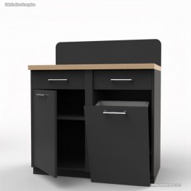 Meuble café avec corps de meuble graphite dont le plan de travail est en bois de chêne avec poubelle
